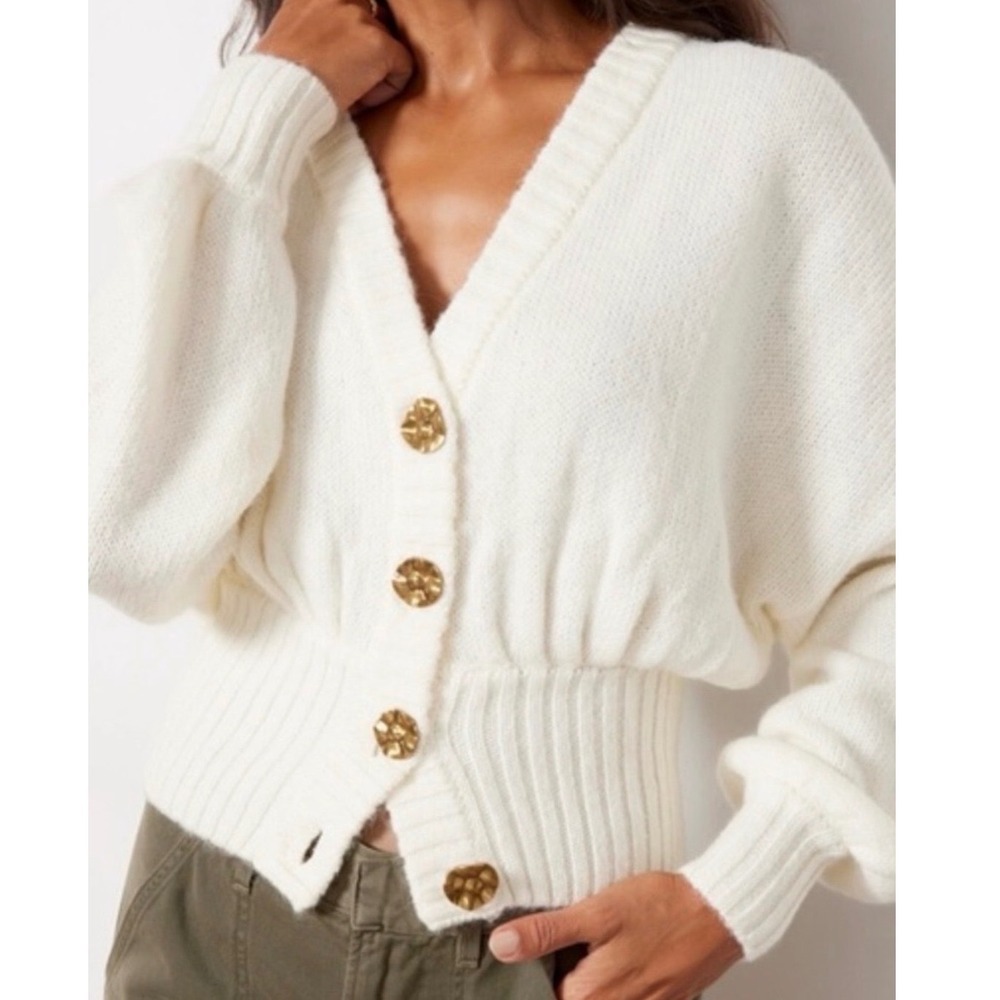 Farm Rio Ribbed Gold Tone Buttoned Cardigan XS Cream White Balloon Sleeves